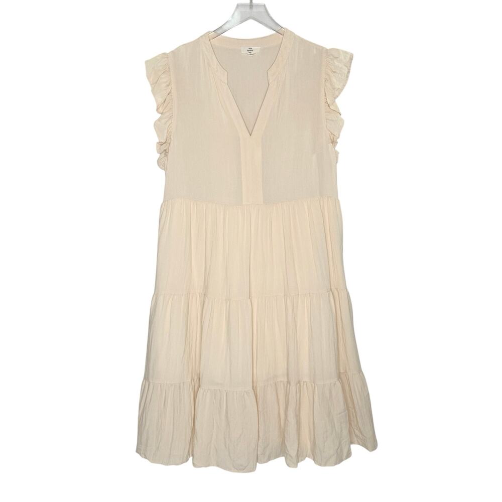 Entro V Neck Ruffle Sleeve Tiered Midi Dress XL Natural Beige Boho Cottage